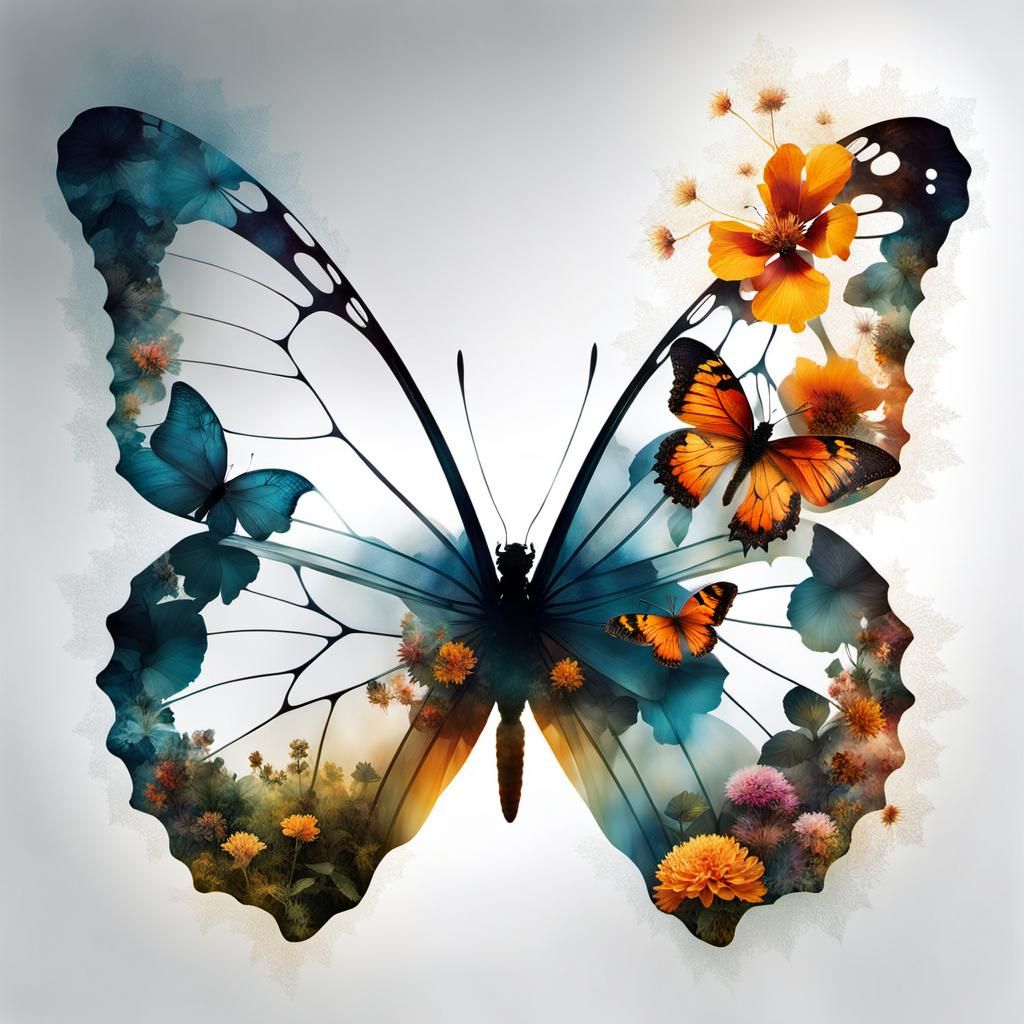 Butterfly Silhouette in Breathtaking Garden, Double Exposure