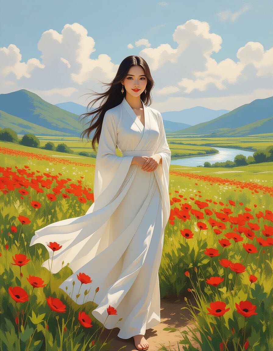 Vietnamese Woman in Ao Dai Amidst Wildflowers