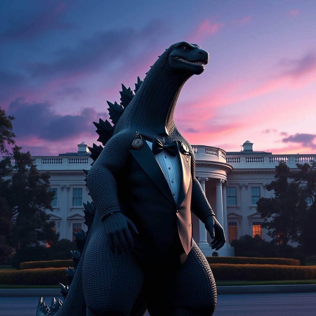 Godzilla as a Suave Secret Service Agent at the White House...