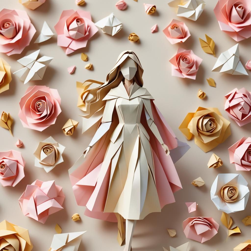 Ethereal Origami Papercraft Woman Creating Roses