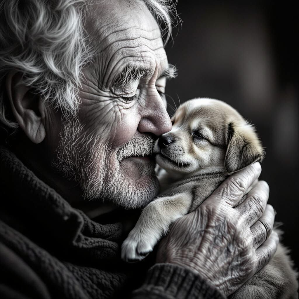 Elderly Man Tenderly Kisses Puppy's Head in Soft Light