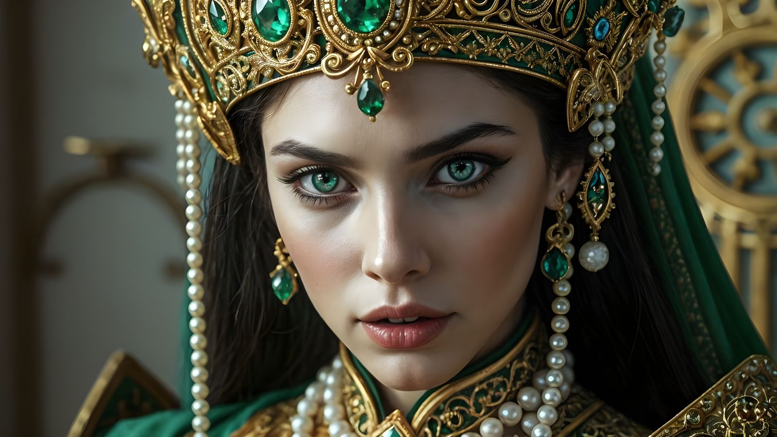 Surreal Goddess in Emerald Green and Gold Armor