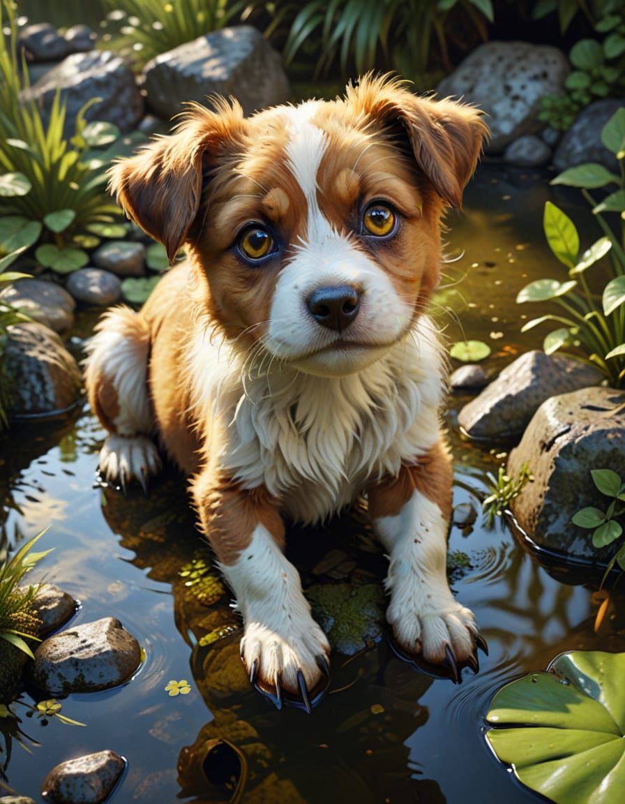 Puppy Near Pond in Hyper-Realistic Digital Painting