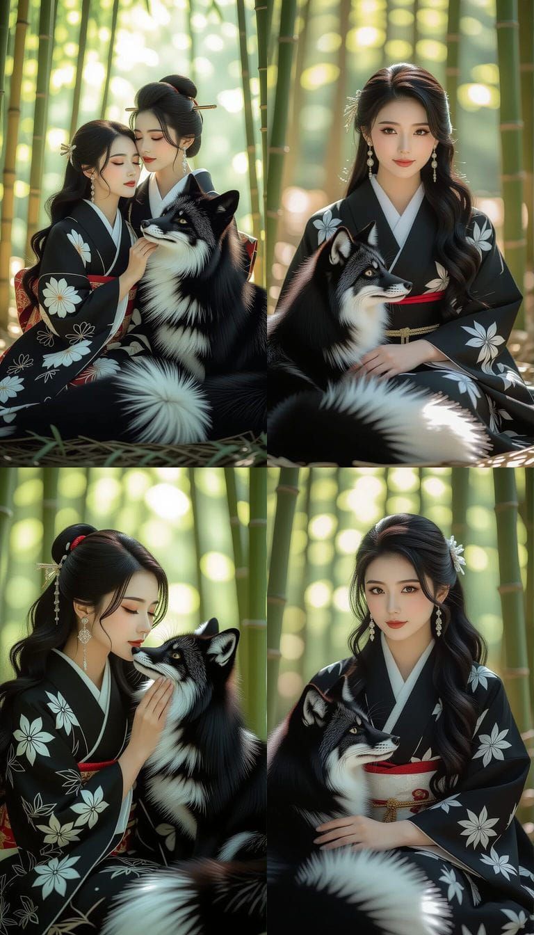 Japanese Woman with Fox in Bamboo Forest: Cinematic Still