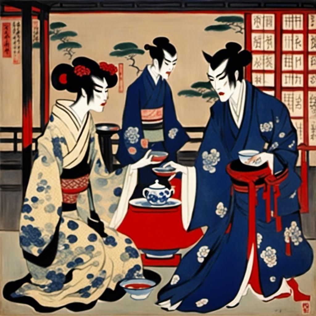 Vampire Dance During Tea Ceremony in Ukiyo-e Style