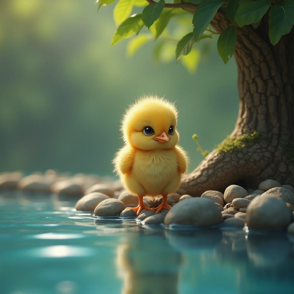 Grumpy Chick Portrait Beside Pond in Fantasy Art Style
