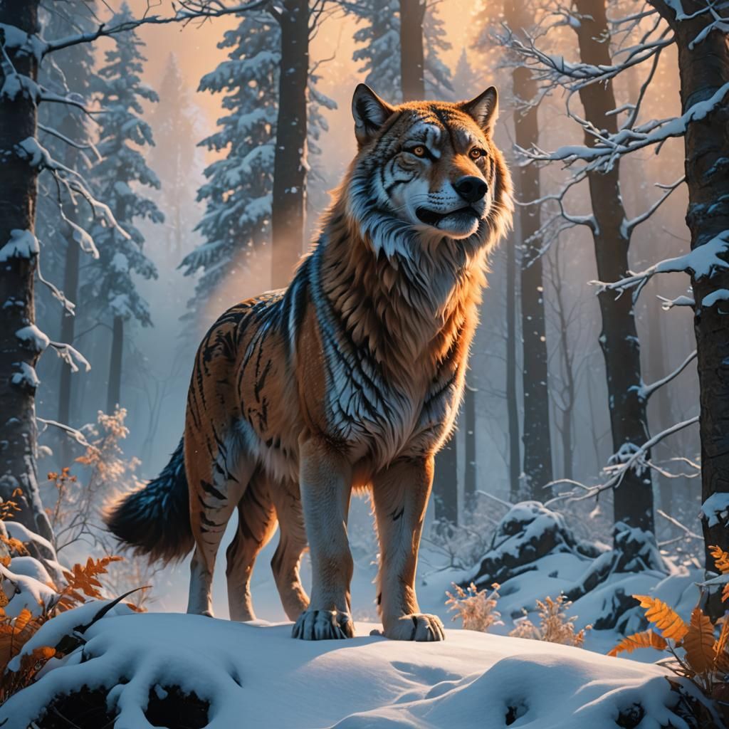 Wolf-Tiger Hybrid in Snowy Forest, Digital Matte Painting