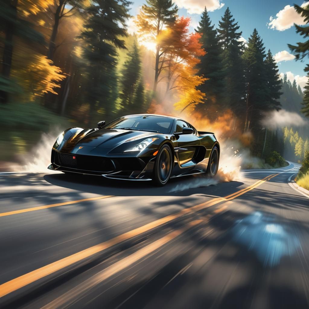 Sleek Supercar Speeds Down Highway in Splash Art
