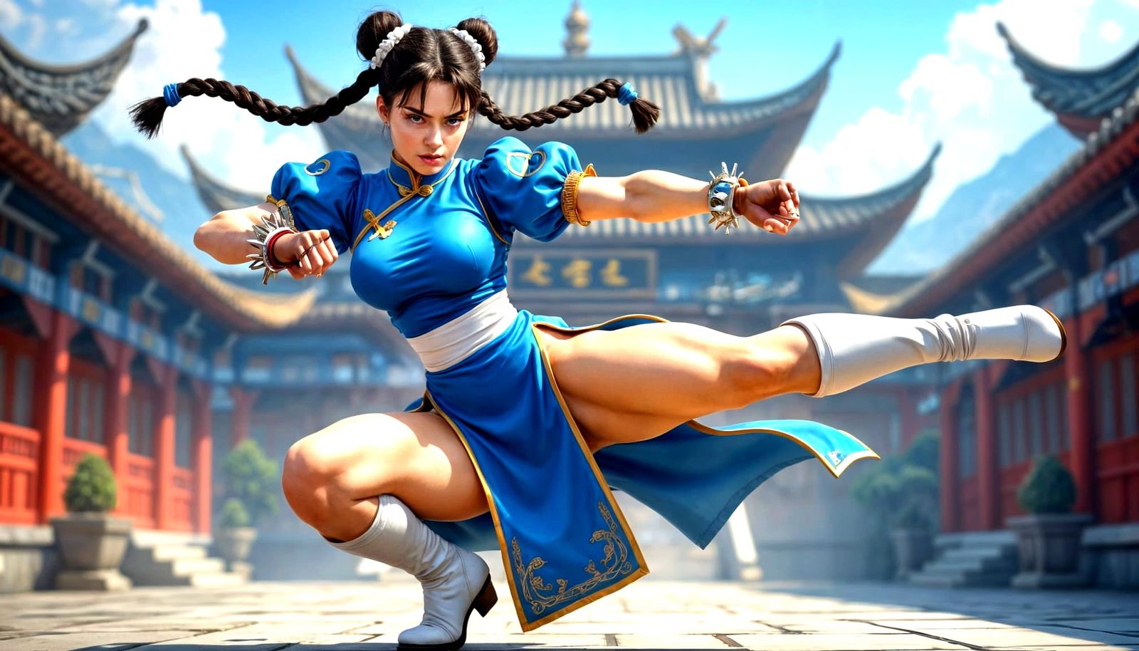 Chun-Li from Street Fighter in a vibrant, detailed anime style.