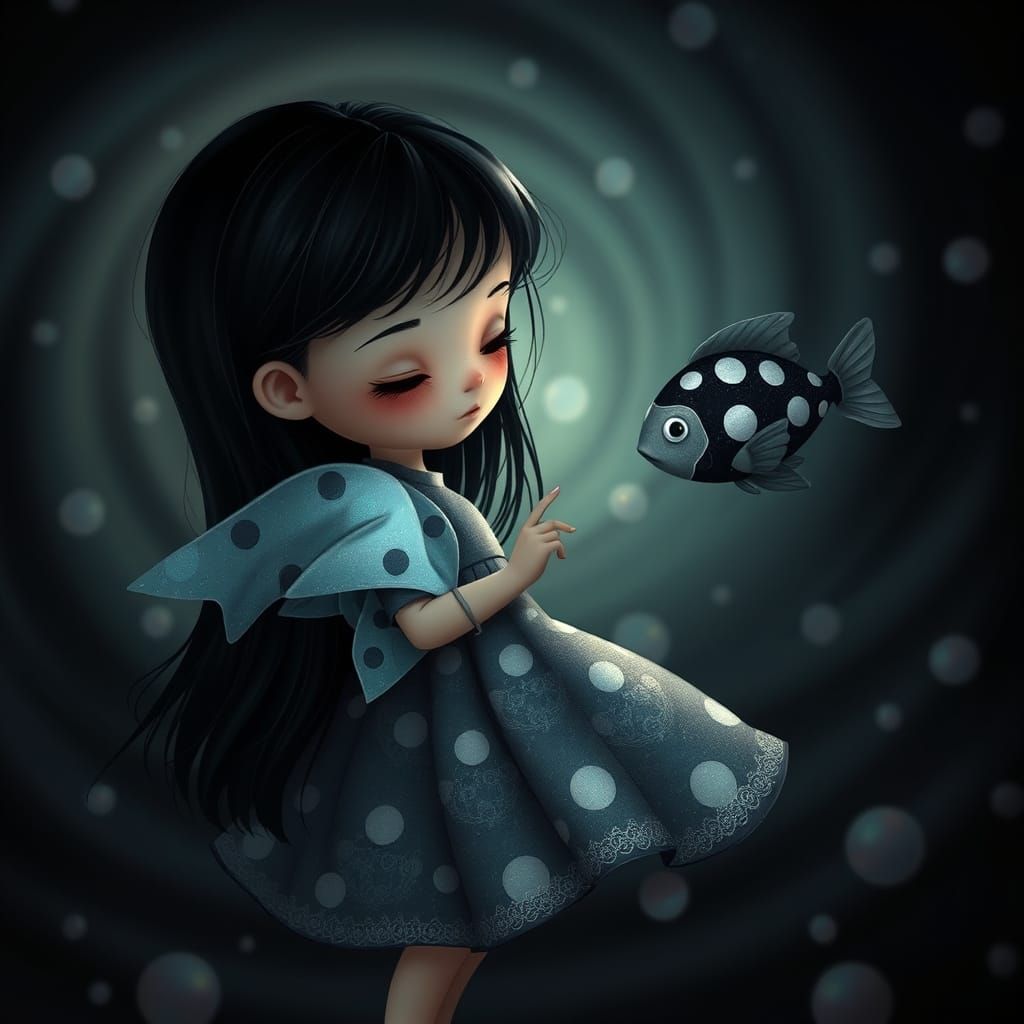 Polka Dot Girl with Wings: Surreal Cartoon