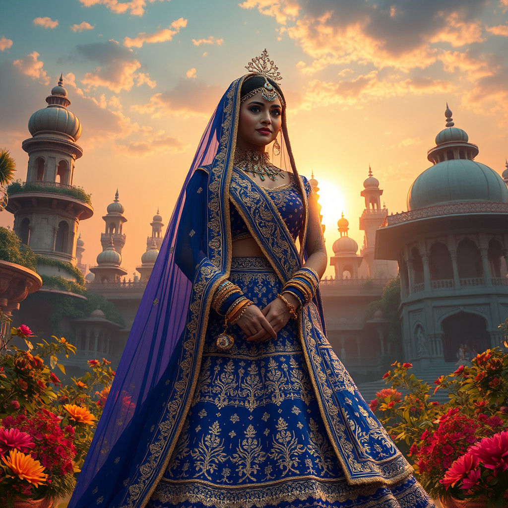 Indian Bride in Blue Lehenga: Fantasy Architecture