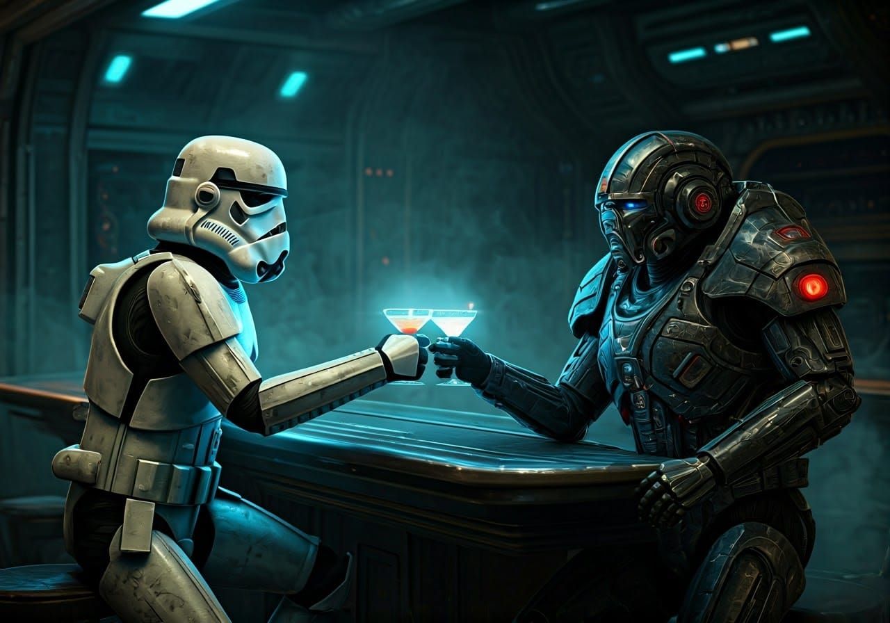 Stormtrooper and Cylon Share Drinks in Space Bar