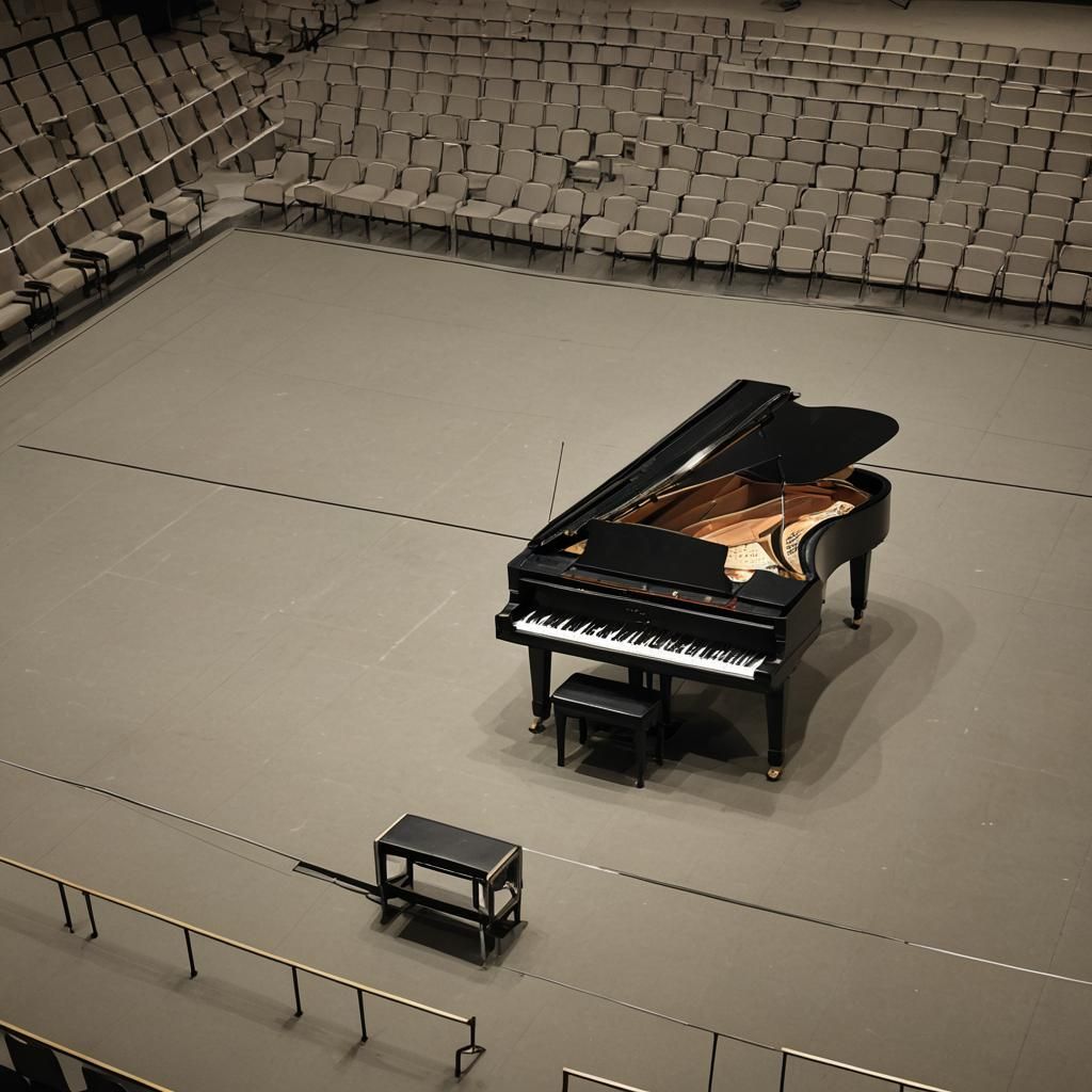 Piano on Stage in Empty Concert Hall