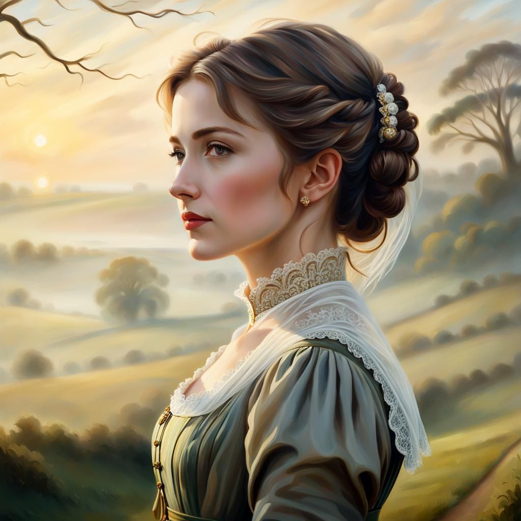 Regency Woman in Misty Landscape: Soft Focus Portrait