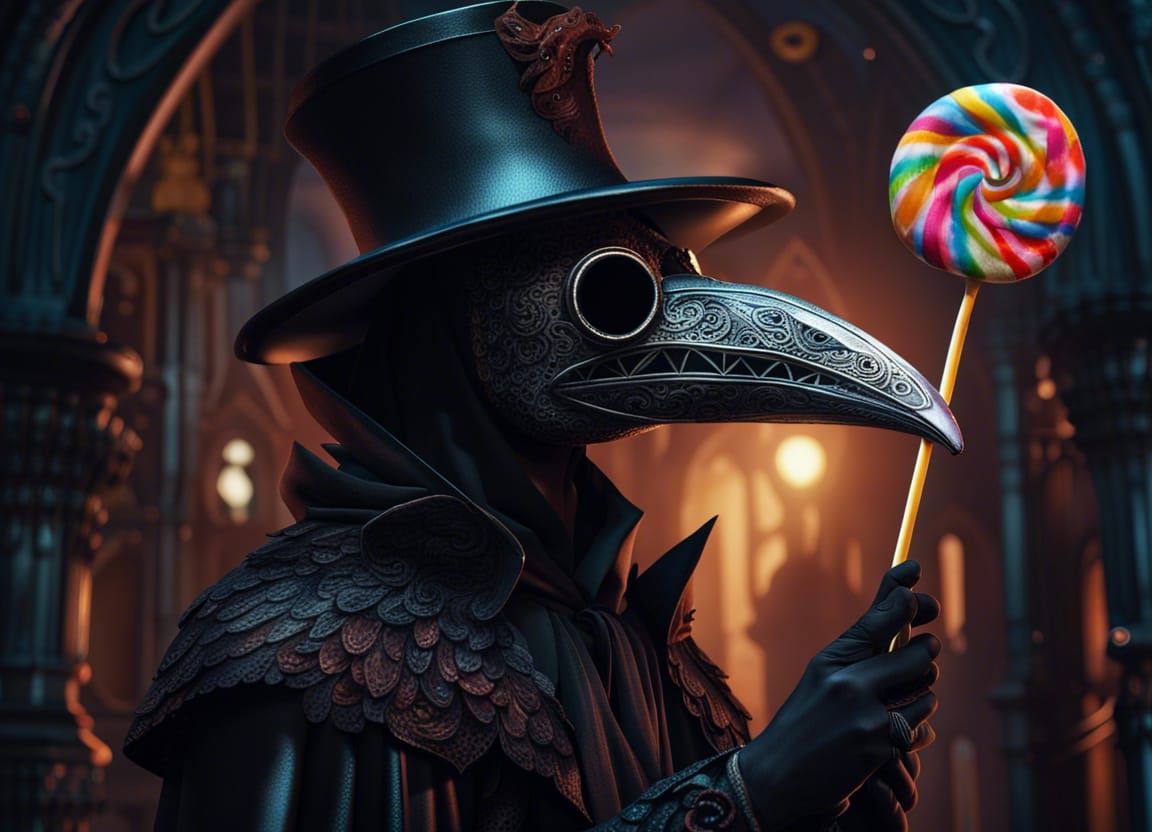 Enchanted Plague Doctor Offers Lollipop: Fantasy Art