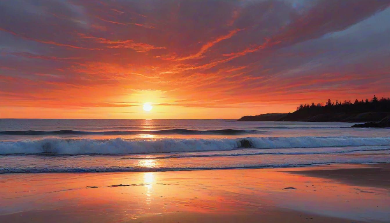 Vibrant Sunset on a Maine Beach in Traditional Japanese Sumi...