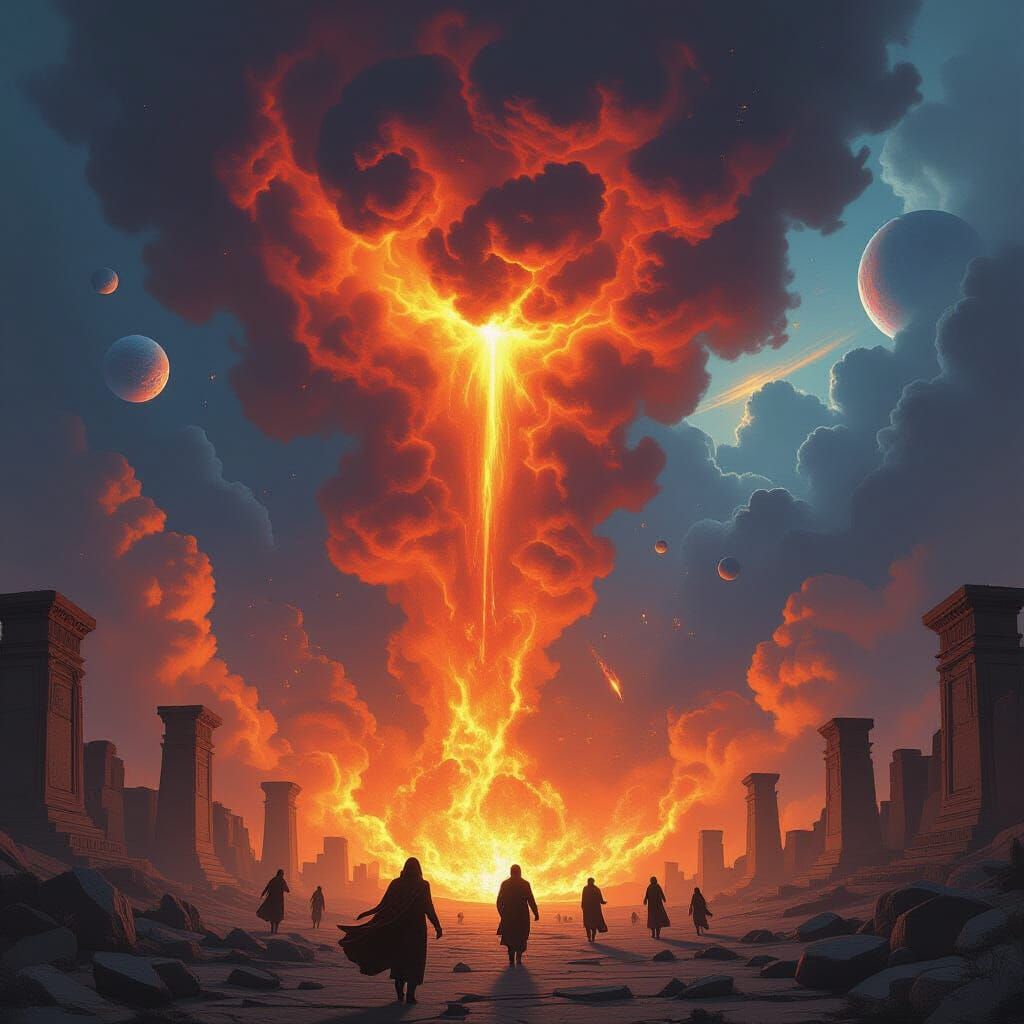 Cosmic Djinn Eruption Above Ancient Ruins