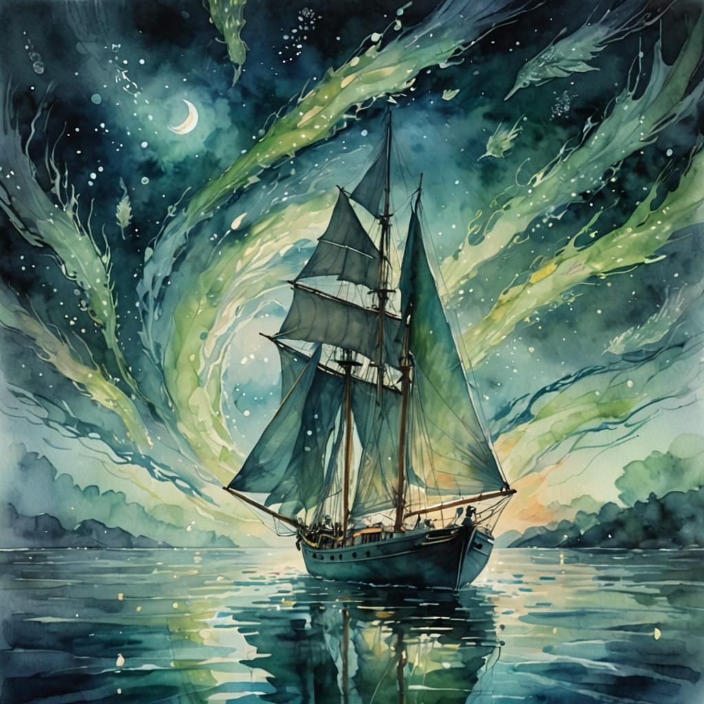 Bioluminescent Sailboat: Double Exposure Watercolor Art