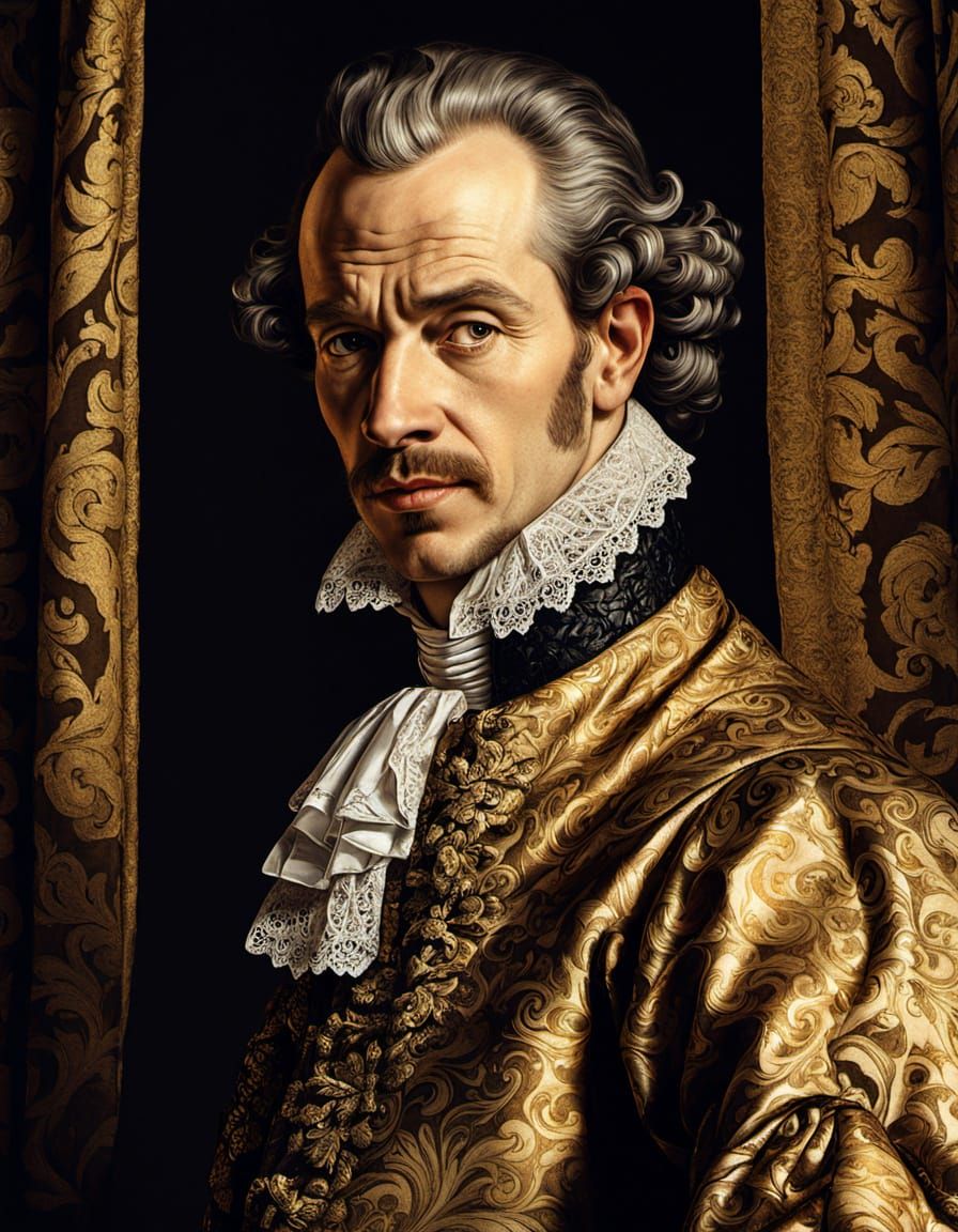 "ink drawing"
"Portrait of a Baroque aristocrat: the model stands in front of a dark, richly draped brocade curtain, wea...