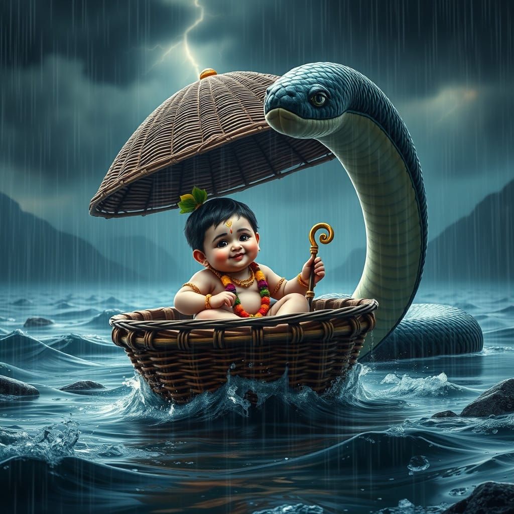 Baby Krishna Safely Shielded by Basuki in Turbulent Yamuna R...