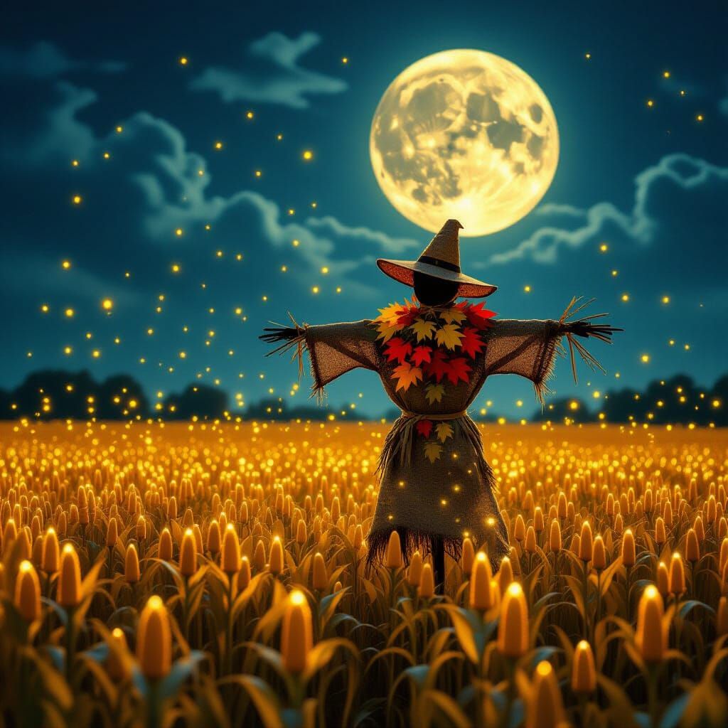 Ethereal Corn Field Guarded by Autumn Scarecrow