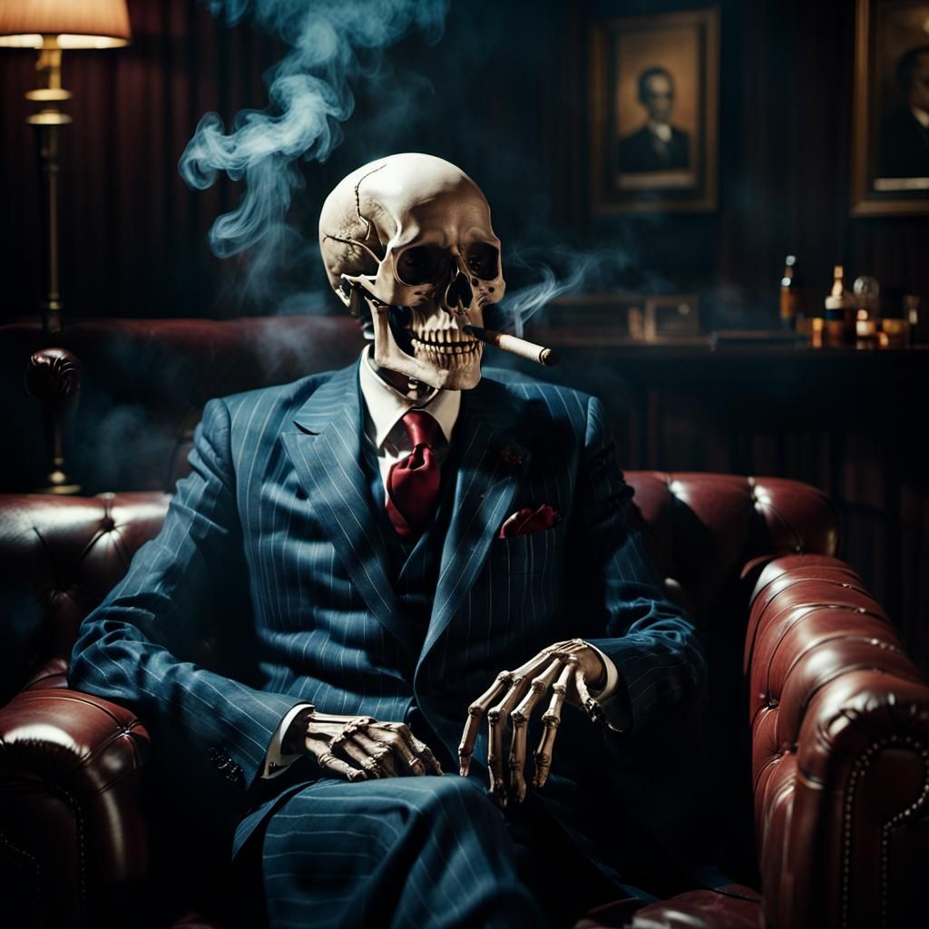 Skeleton Smokes Cigar in Moody Film Noir Style