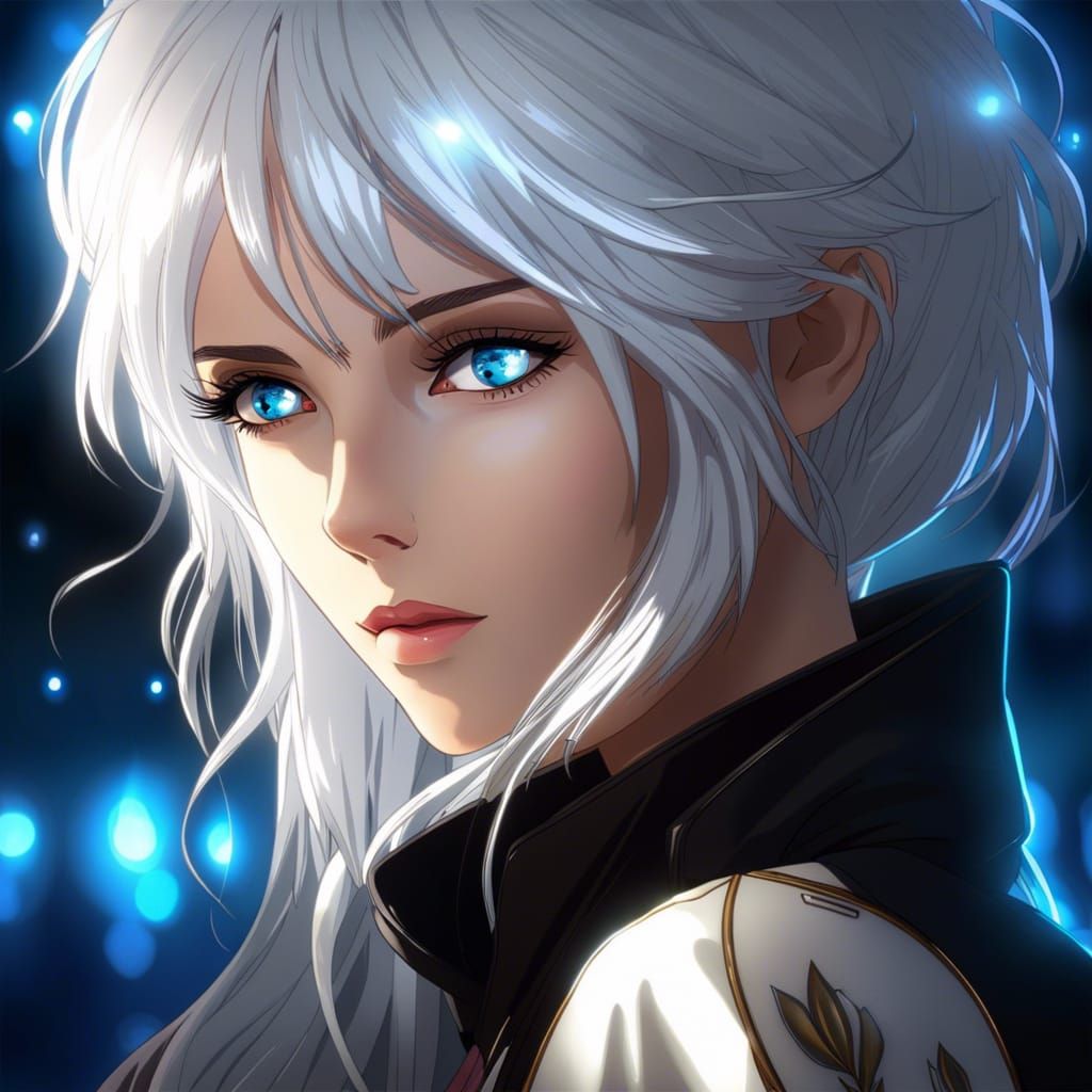Anime Woman with White Hair and Glowing Eyes