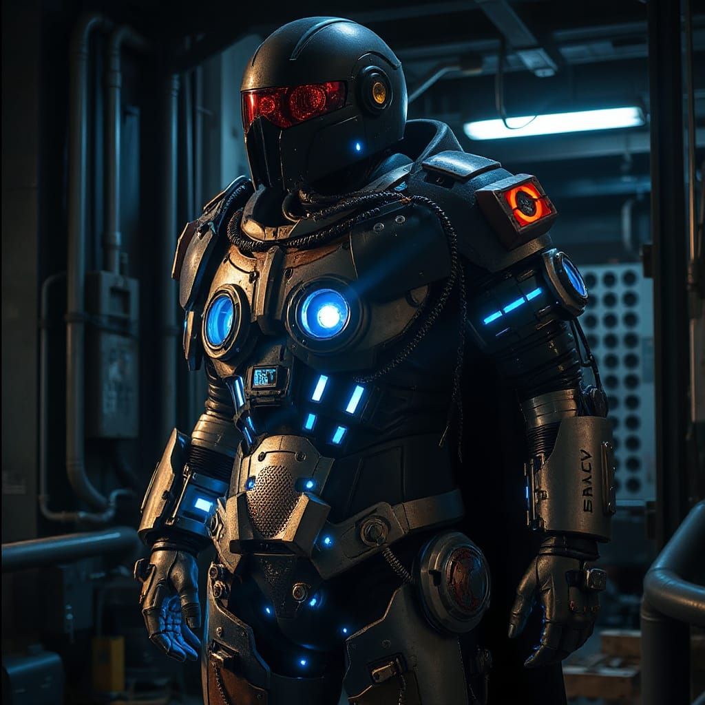 Cybernetic Armor with Glowing Circuits in Industrial Setting