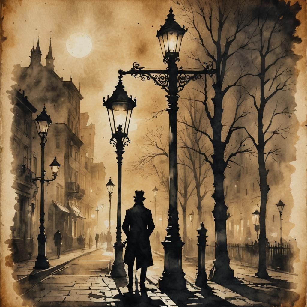 Steampunk Magician Silhouette in Vintage Ink Painting