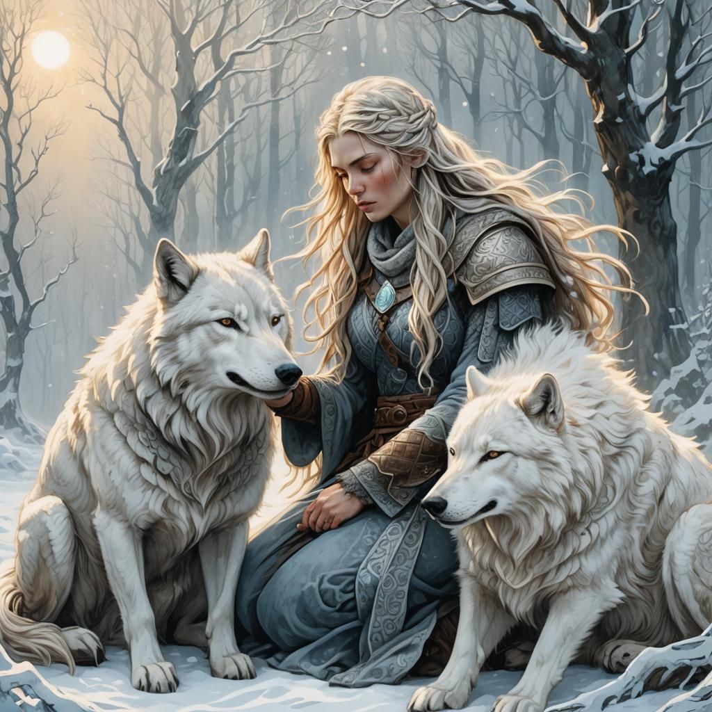 Viking Woman and White Wolf: Nordic Folklore Illustration