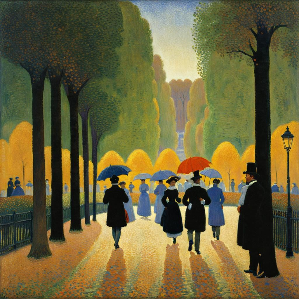 Versailles Park Scene in 19th Century Pointillism