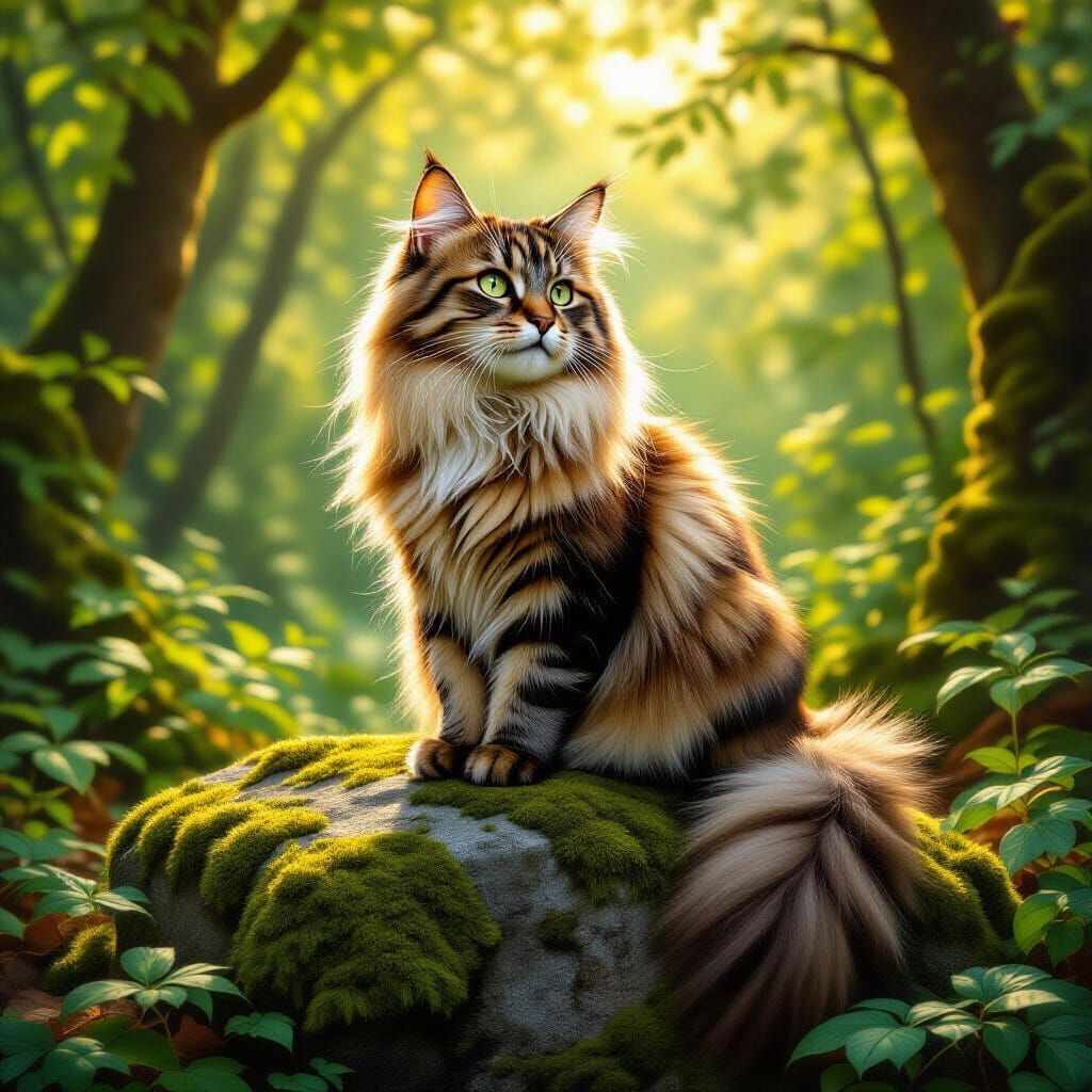 Majestic Cat on Ancient Stone in Sun-Dappled Forest