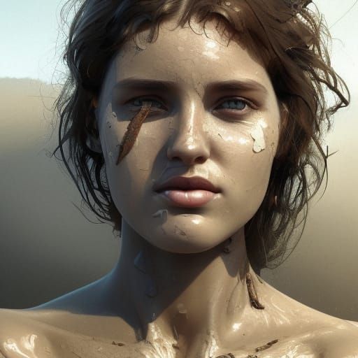 Mud Covered Woman on Beach: Hyperdetailed Splash Art
