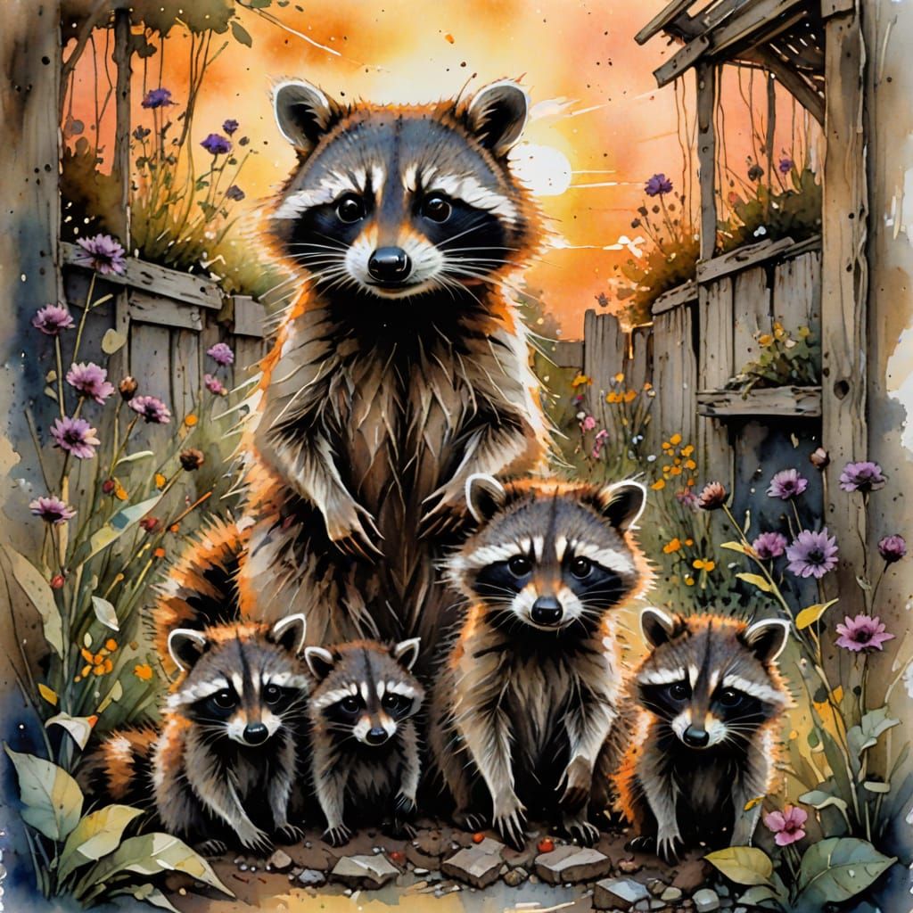 Rustic Sunset Scene with Family of Raccoon Cubs