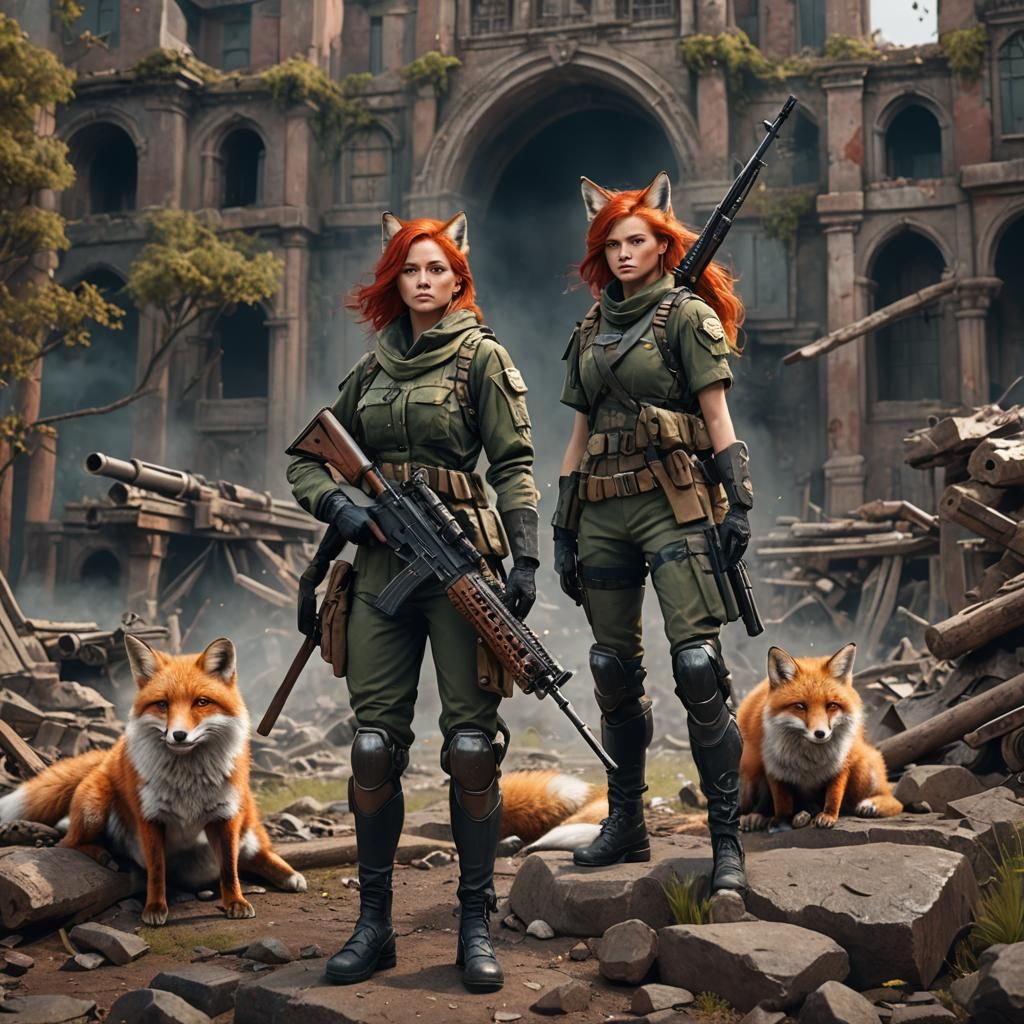 Fox Woman in Military Uniform, Detailed Matte Painting