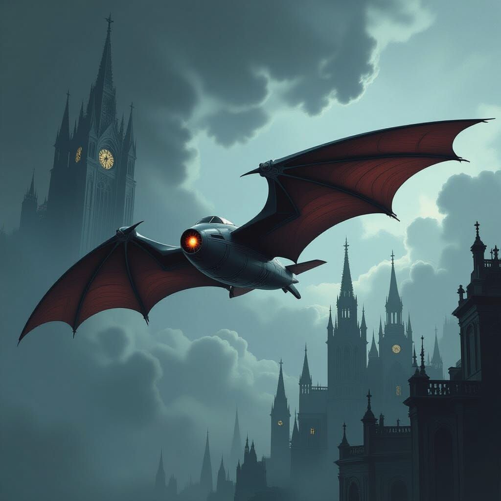 Batwing Plane Soaring in Gothic, Futuristic Style