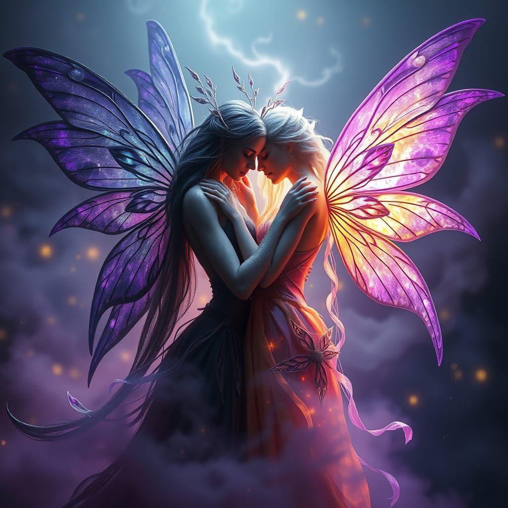 Ethereal Dark and Light Fairy Embracing in Cosmic Mist
