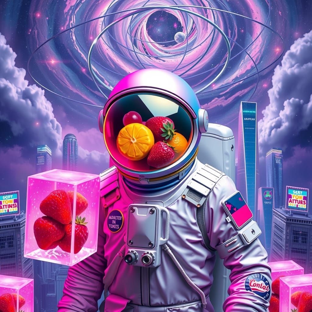Astronaut Among Radiant Fruit Cubes in Galactic City