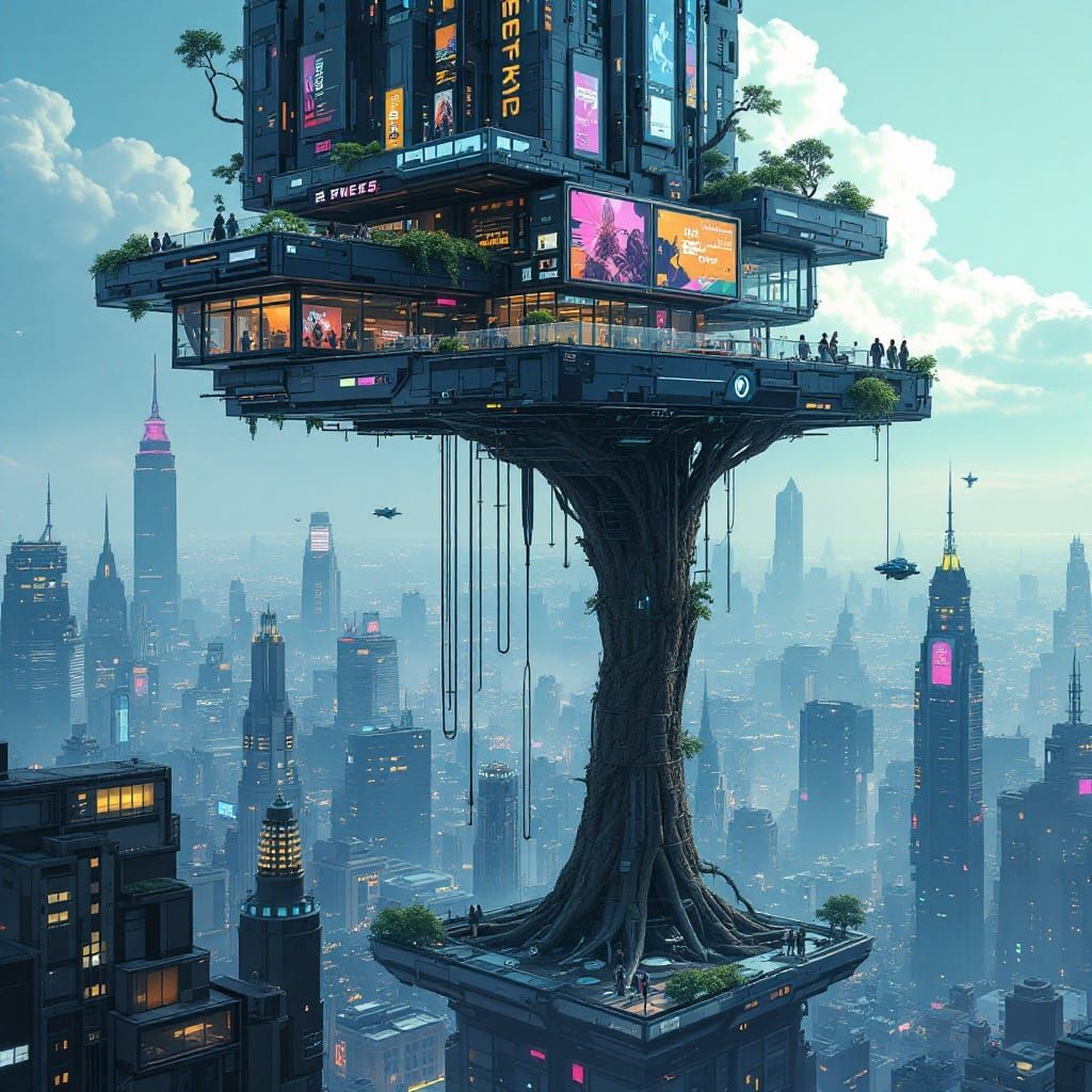 Cyberpunk Treehouse Amidst Skyscrapers