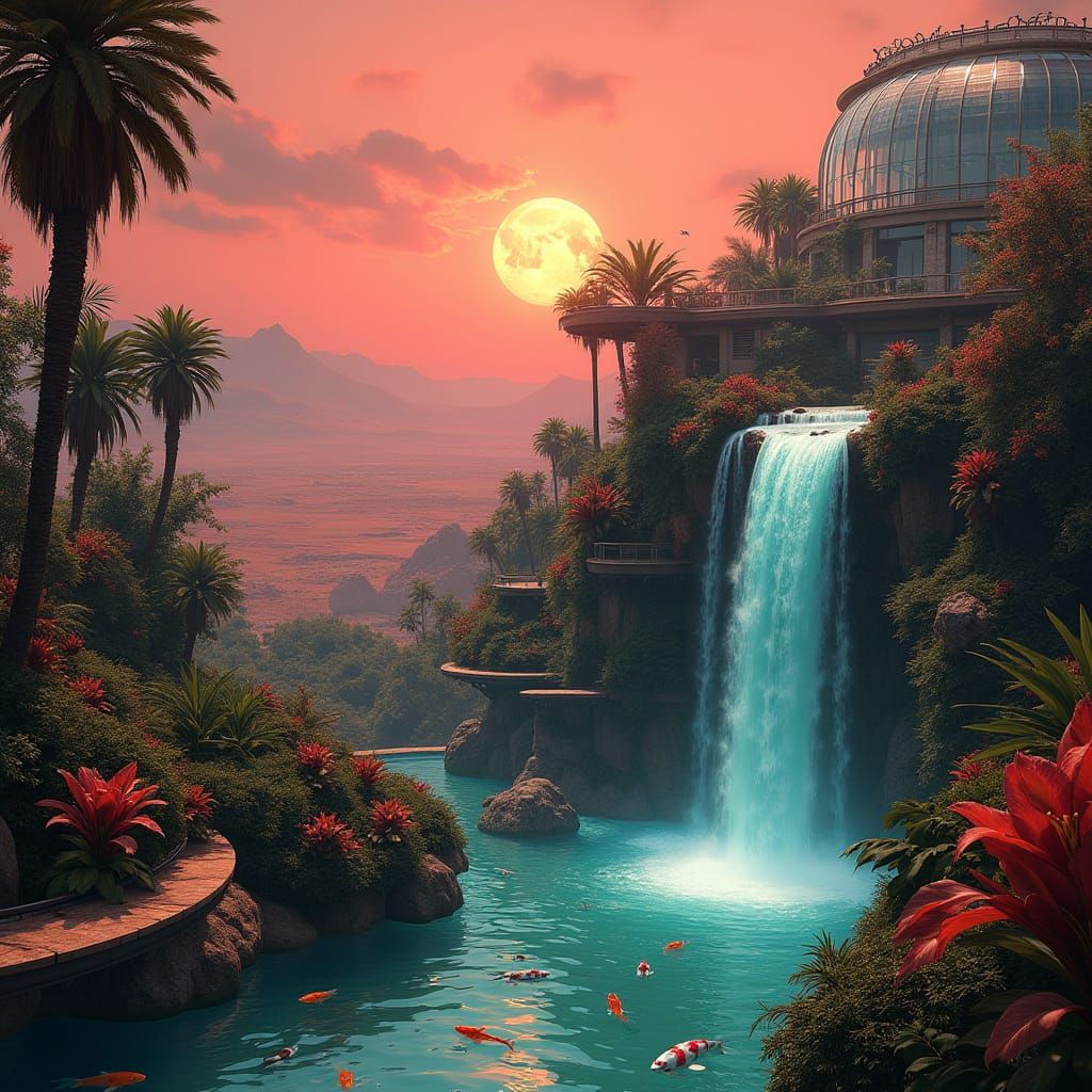 Mars Rooftop Oasis in Futuristic City