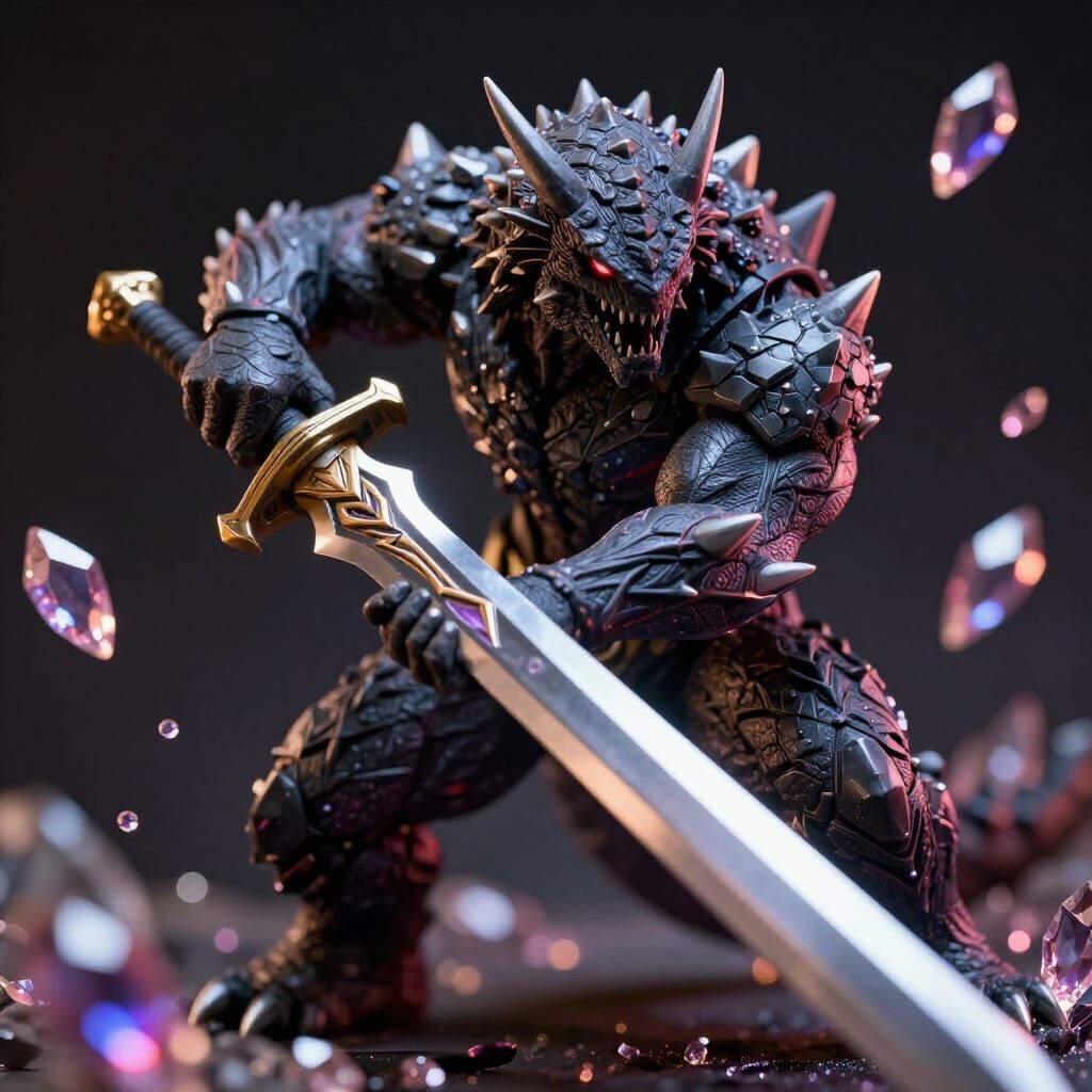 Photorealistic Monster Wields Sword with Gemstone Shards
