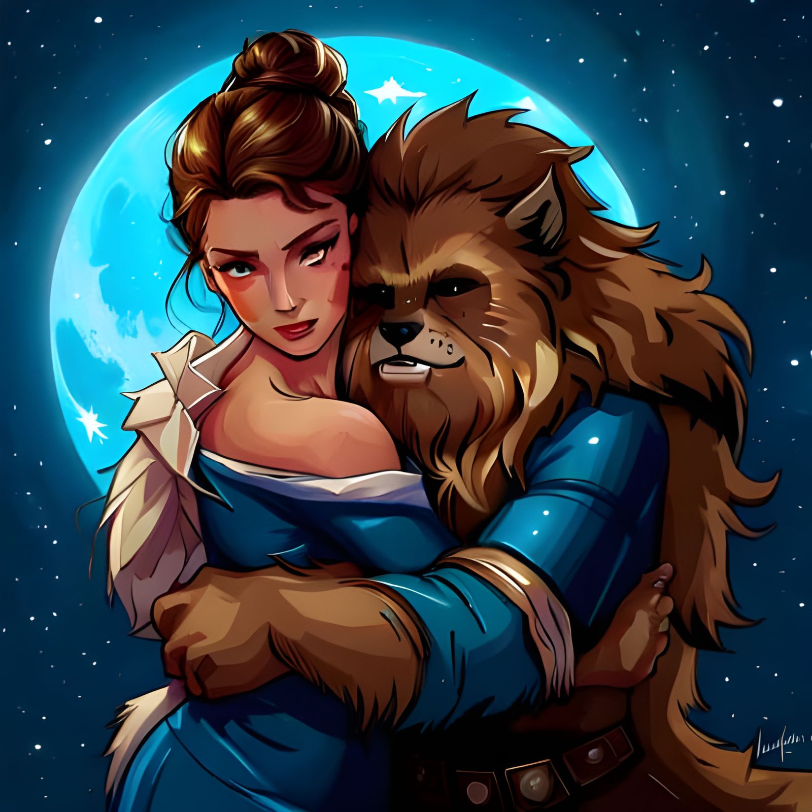 Chewbacca and Belle in Rococo Cosmic Embrace