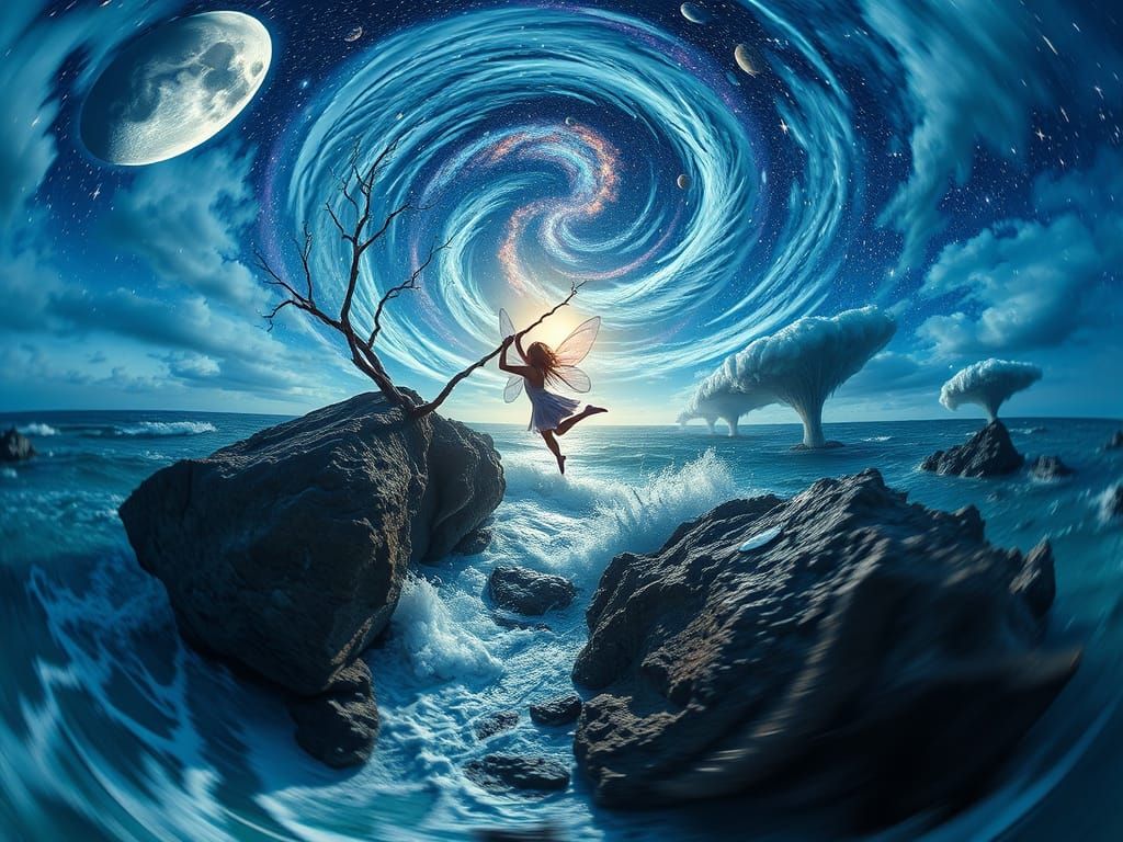 Fairy Cartwheeling in Hurricane Over Sea
