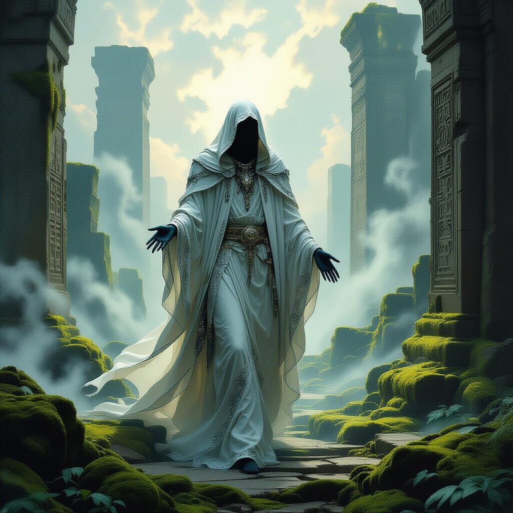 Ethereal Starlight Figure in Ancient Ruins