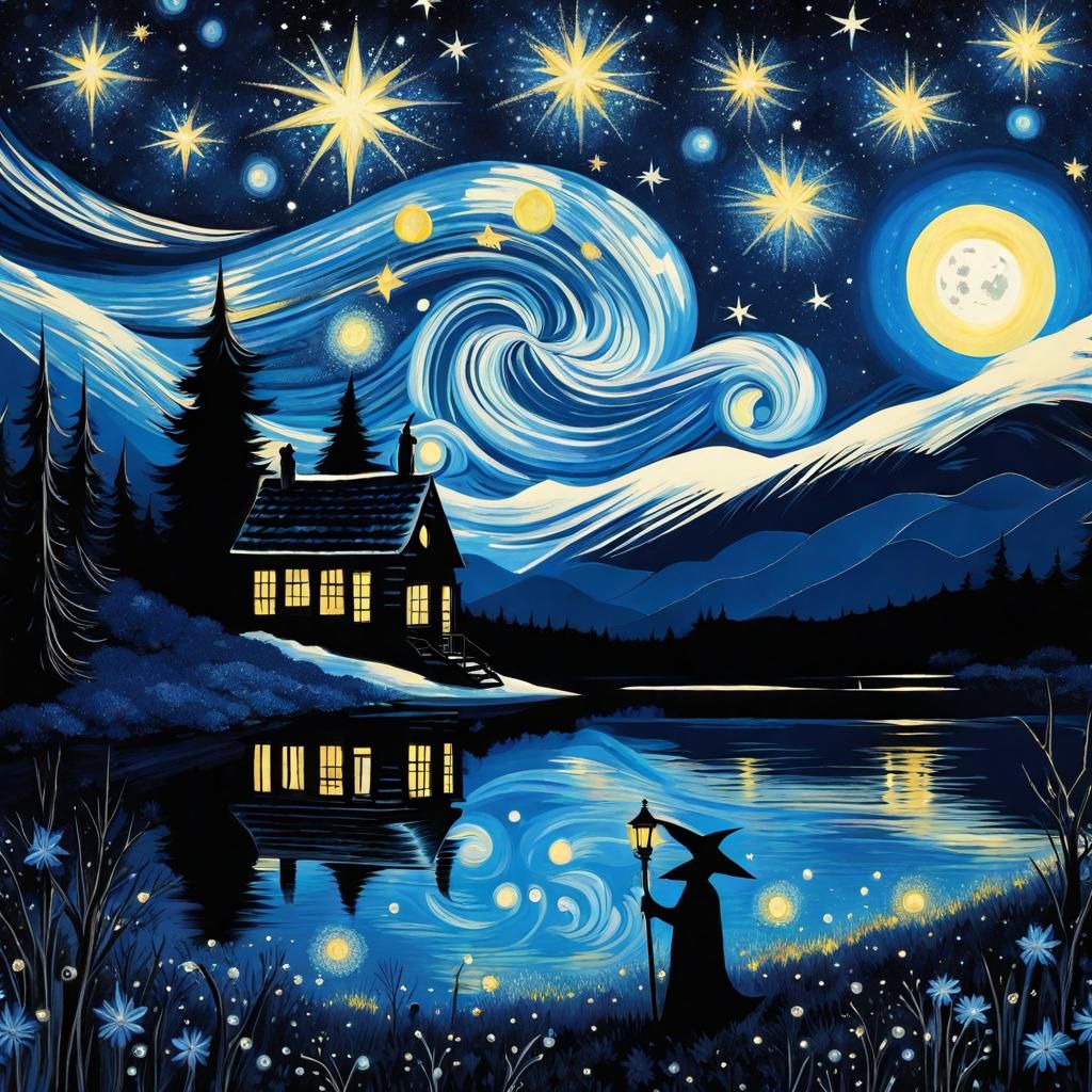 Gothic Grim Reaper on Frozen Lake, Starry Night