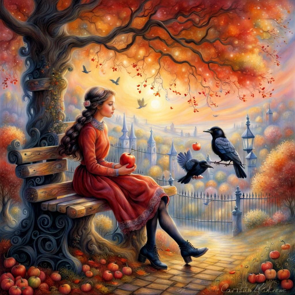 Girl, Apple, Raven, Bench in Ethereal Fantasy Style