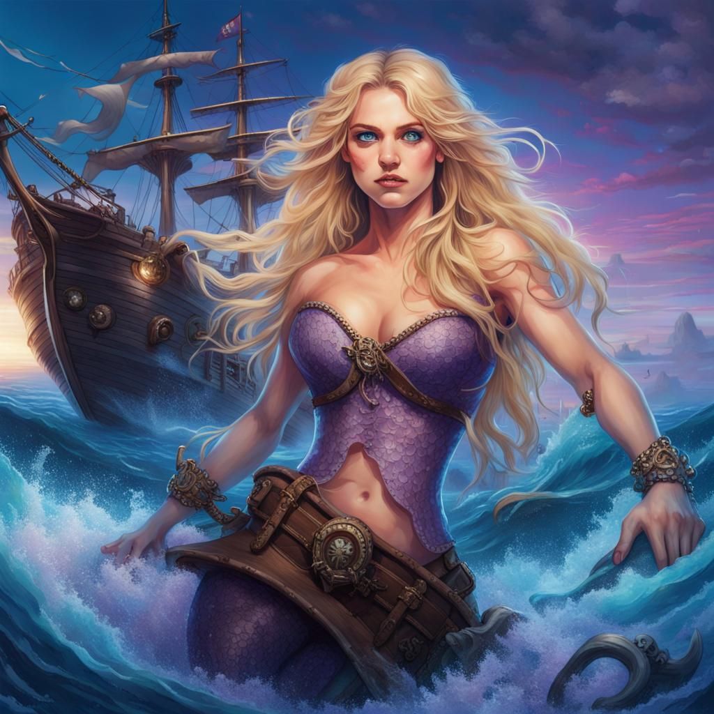 female, Siren mermaid, with long blonde hair and violet colored eyes attacking a pirate ship in the middle of a crystal ...