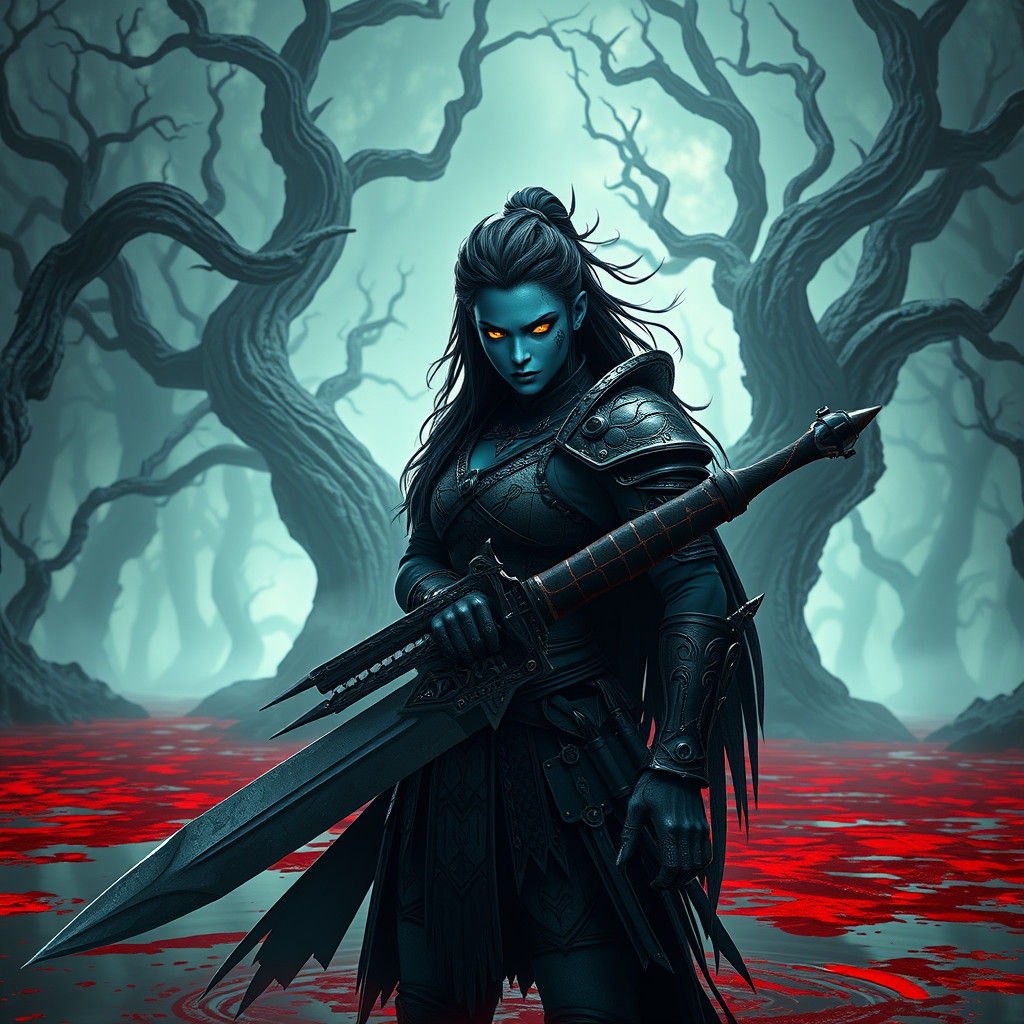 Blue-Green Warrior at Blood Lake in 3D Anime Style