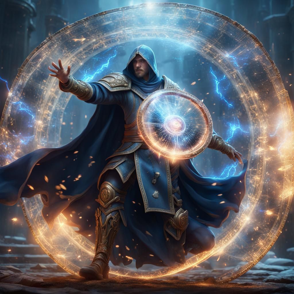 young wizard summoning a large transparent see-through shield of force.