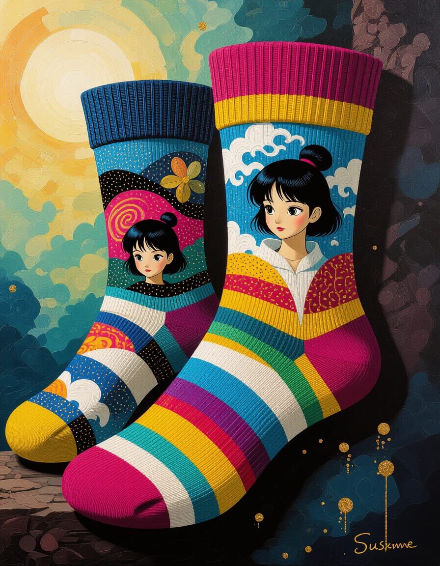 Ghibli Anime Socks in Surreal Impasto Style